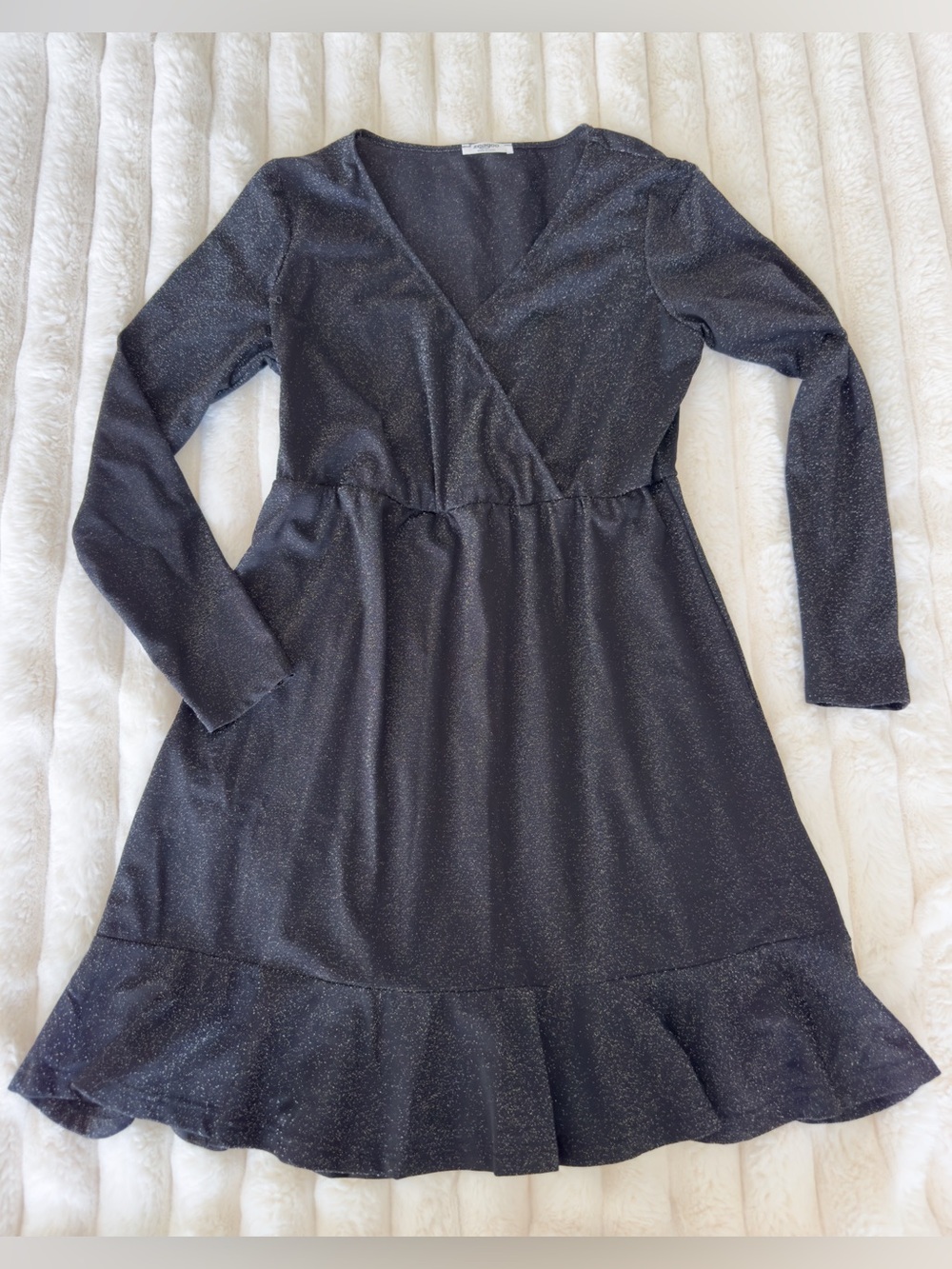 Sparkle Black Long-Sleeve Wrap Dress